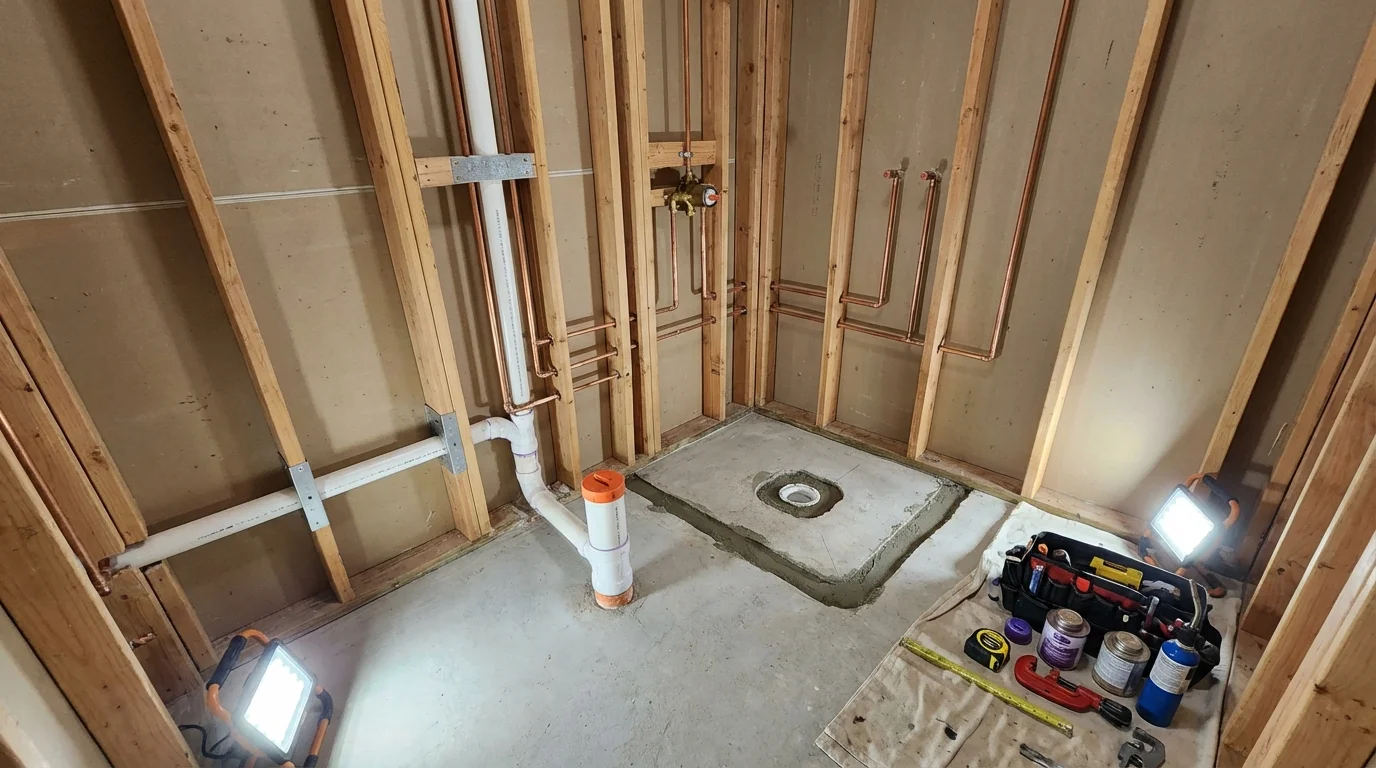 Bathroom rough-in plumbing during remodel by Johns Plumbing LLC in Sibley