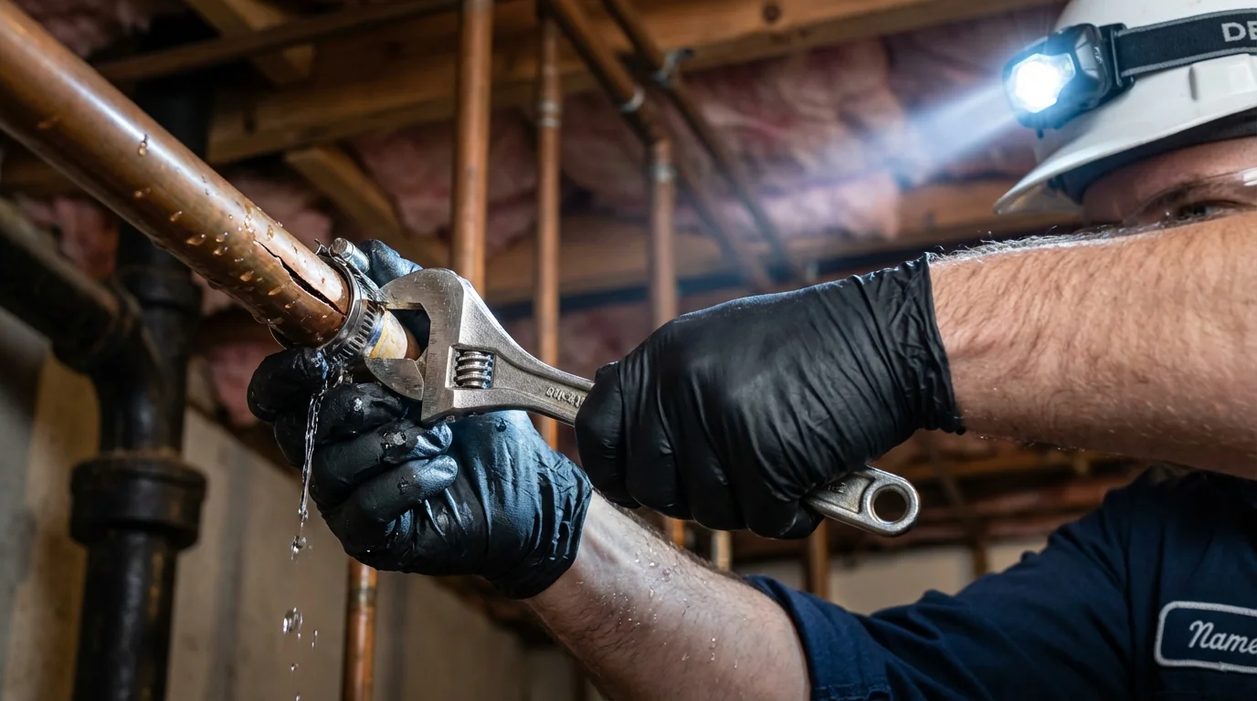 Emergency pipe clamp repair being performed by a Johns Plumbing LLC plumber in Sibley