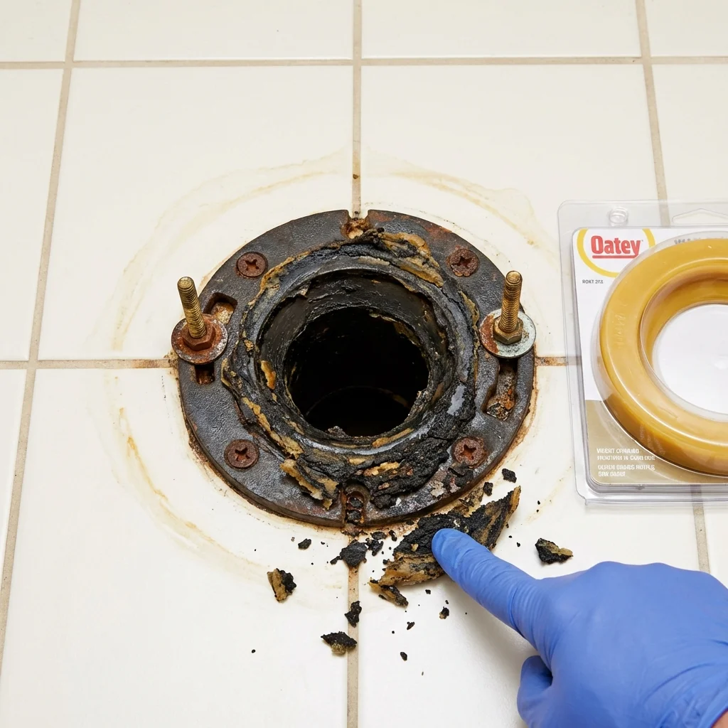 Failed wax ring showing water seepage at the base of a toilet in a Sibley, LA home
